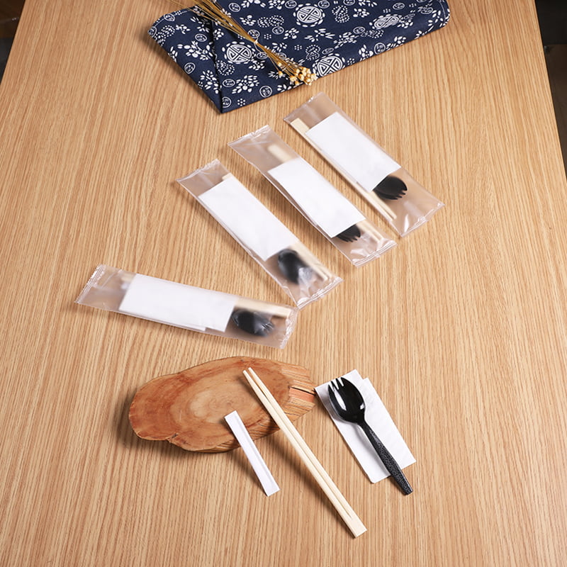 Einweg-Essstäbchen aus Bambus, 4-teiliges Set mit Spork-Serviette, mattiertes Verbundfolien-Set