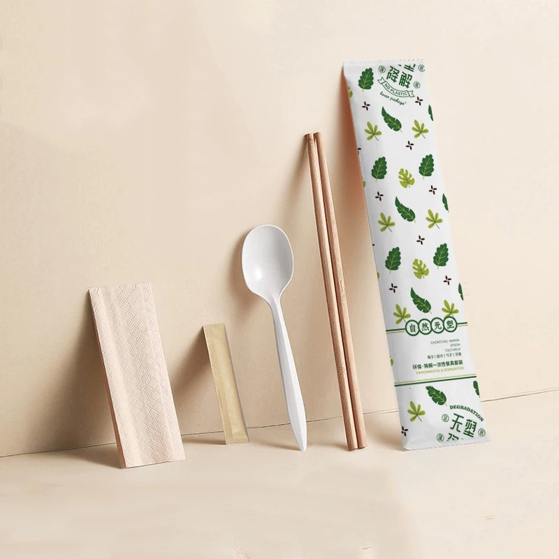 Einwegbesteck, umweltfreundliche Bambus-Essstäbchen für Restaurants, Logo-Aufdruck, Besteckverpackung, abbaubares Papierfolien-Set