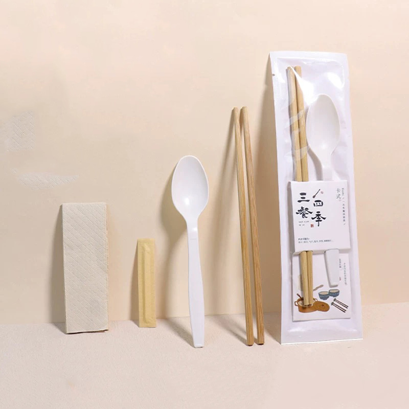 Umweltfreundliche Essstäbchen mit Löffel, Einweglöffel und Bambus-Zahnstocher, Besteck, abbaubares Papierfolien-Set