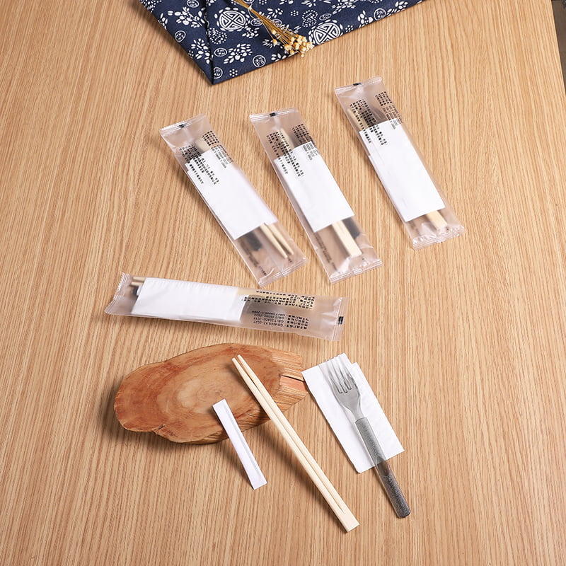 Einweg-Essstäbchen-Set aus Bambus mit Gabel und Papierserviette, mattiertes Verbundfolien-Set