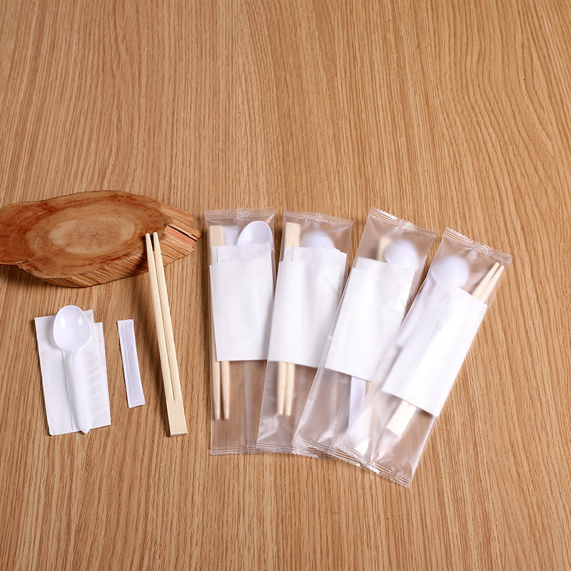 Bambus-Essstäbchen-Set mit weißem Löffel und Serviette, mattiertes Verbundfolien-Set